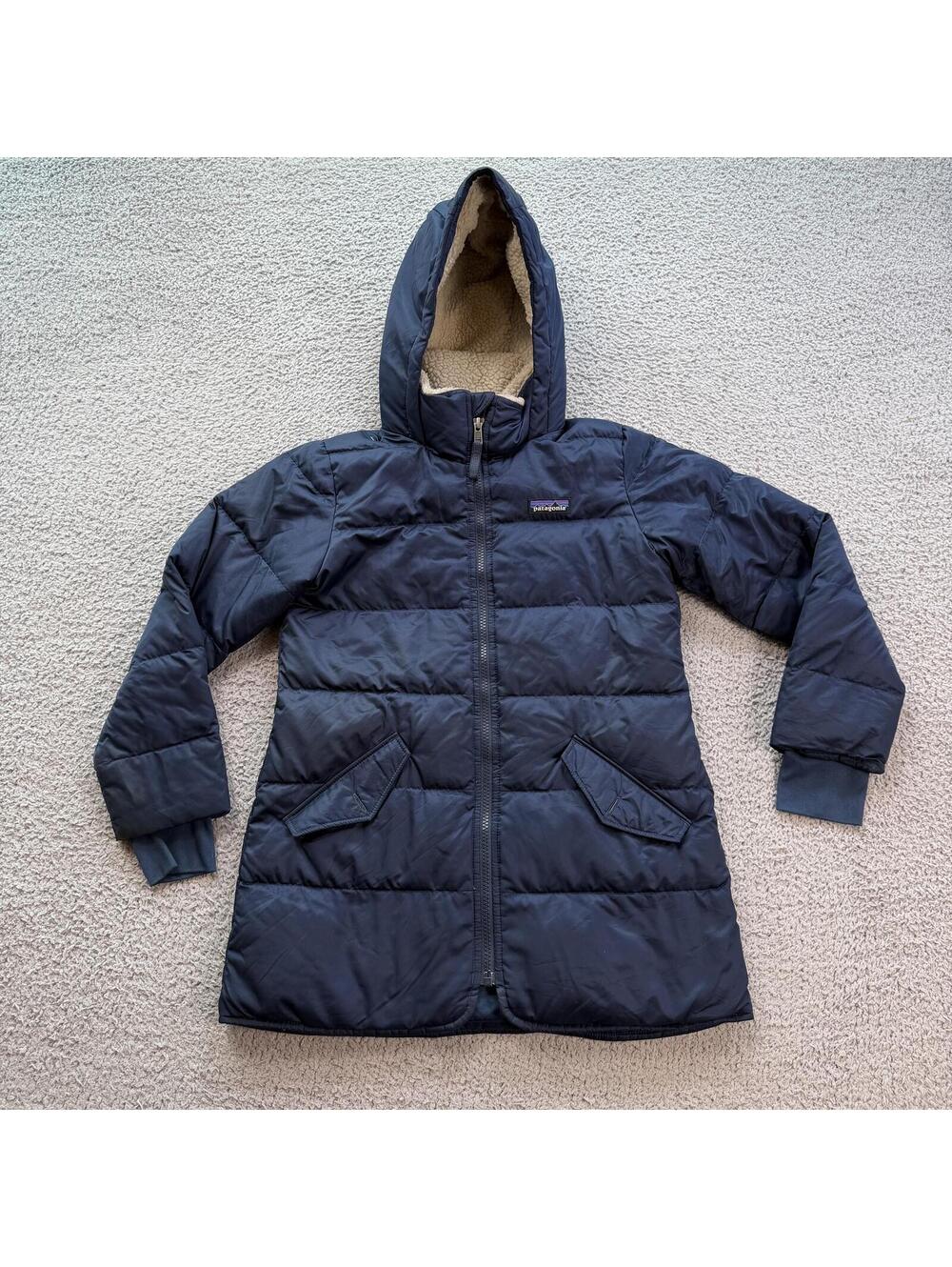 Patagonia Navy Down Hooded Parka Jacket Small Fleece Lined Worn Wear Winter Coat
